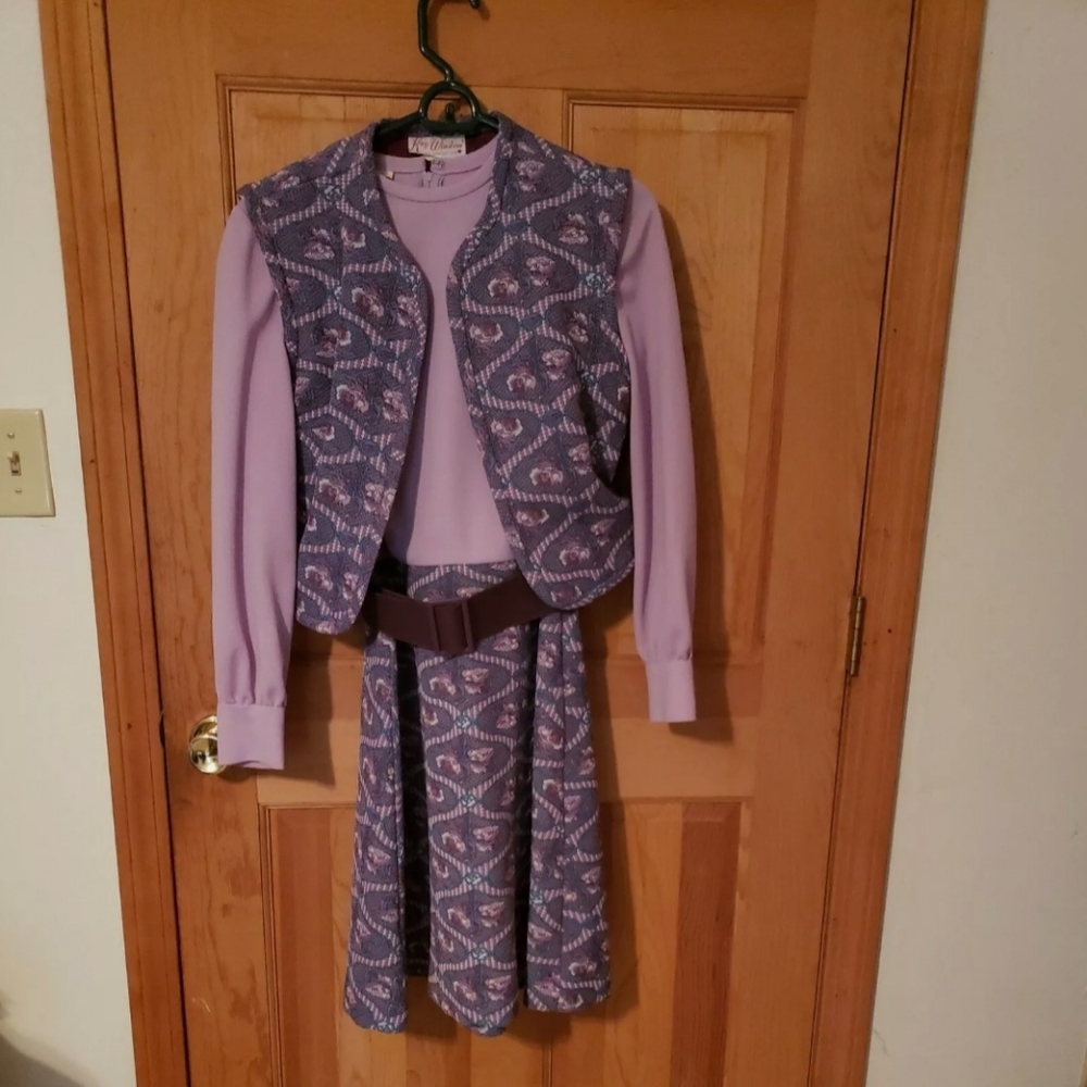 Vintage Kay Windsor Lavender Turquoise Dress With Vest Size 12